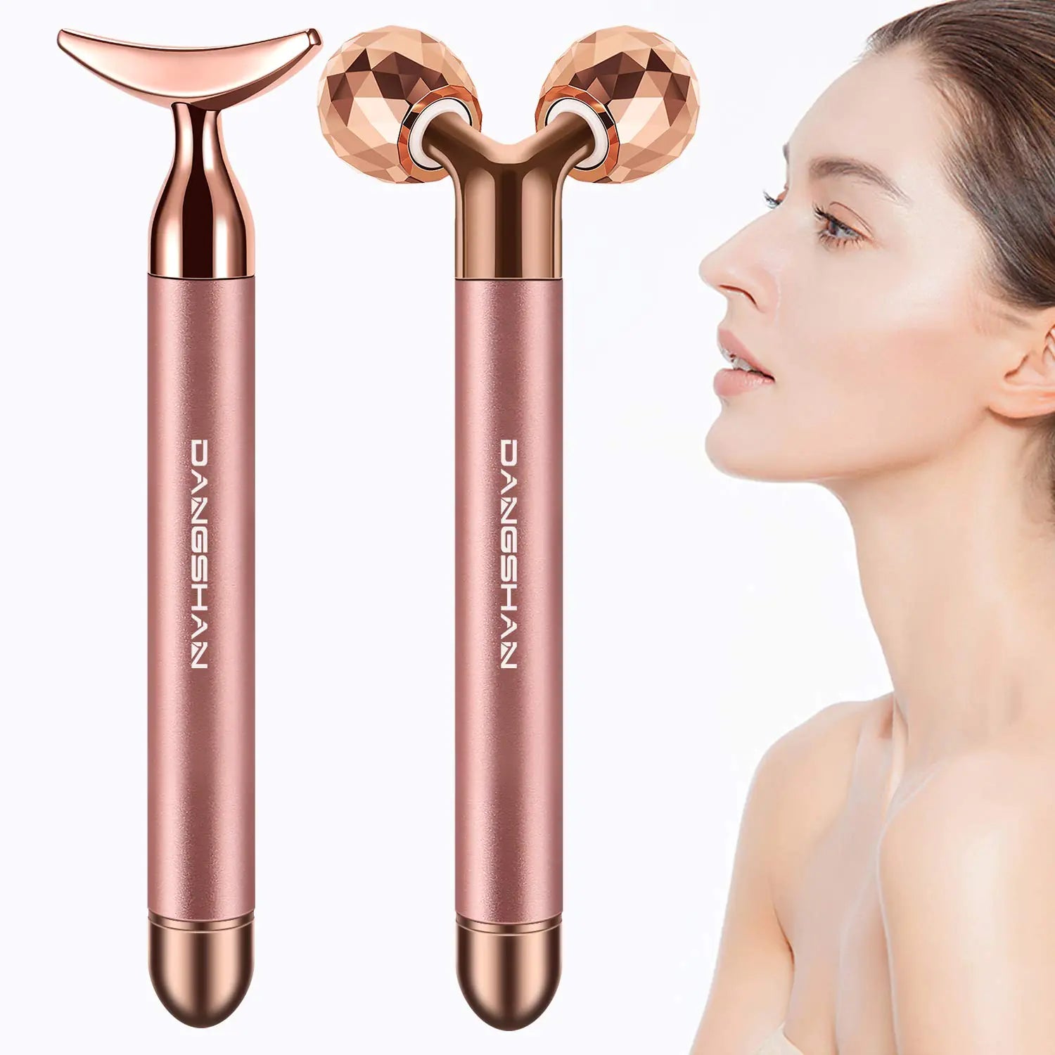 2-IN-1 Electric Face Massager Roller 24k Rose Gold Face Roller 3D Roller and Unique Crescent Shape Facial Roller Massager Kit Arm Eye Nose Massager Skin Care Tools